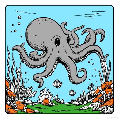 Ausgemalte Version: Oktopus zwischen Korallen und Fischen