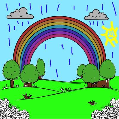 Version coloriée : Une scène joyeuse d’arc-en-ciel.