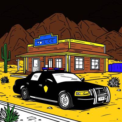 Fargelagt versjon: Scene med politistasjon og bil