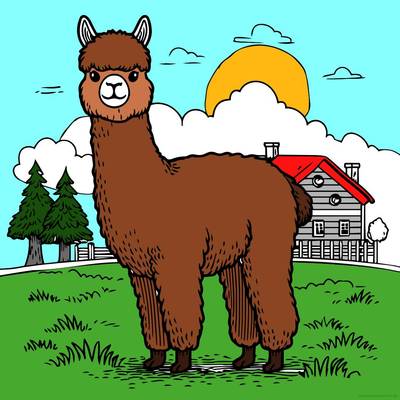 Ausgemalte Version: Alpaka in einer Landschaft