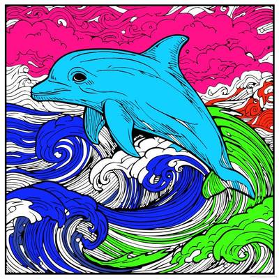 Farvelagt version: Delfin i havbølger