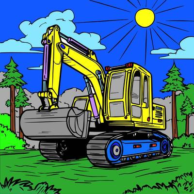 Ingekleurde versie: Graafmachine in een zonnig landschap