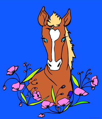 Ausgemalte Version: Pferd mit Blumen