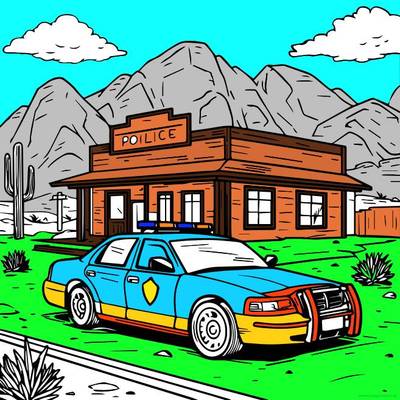Färglagd version: Scen med polisstation och bil