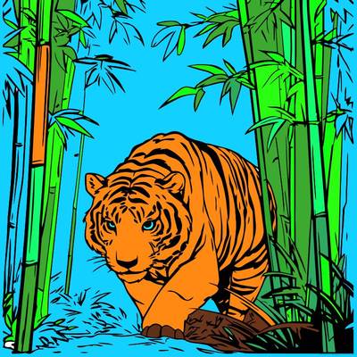 Versão colorida: Tigre na floresta de bambu