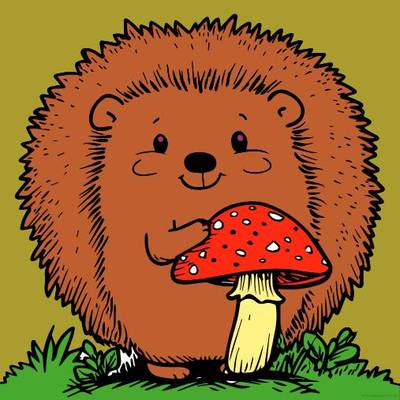 Ausgemalte Version: Süßer Igel mit Pilz
