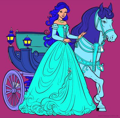 Ausgemalte Version: Prinzessin mit Pferd und Kutsche