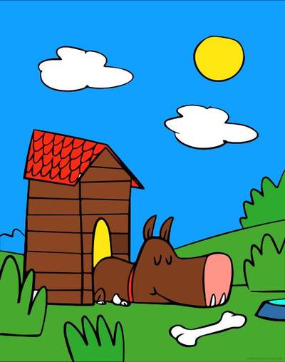 Ingekleurde versie: Grappige hond slapend in de hondenhok