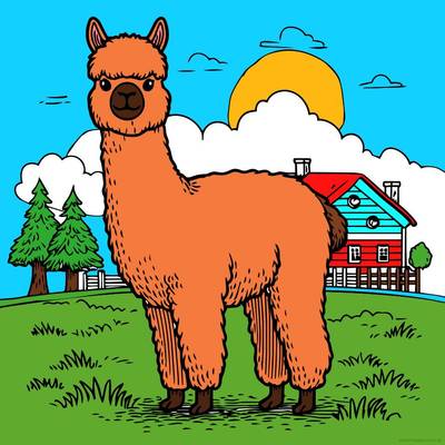 Ingekleurde versie: Alpaca in een landschap
