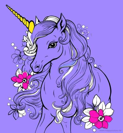 Ausgemalte Version: Süßes Einhorn mit langer Mähne und Blumen