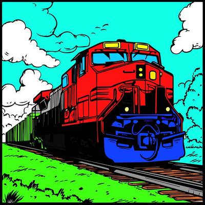 Ausgemalte Version: Zug mit Wolken und Bäumen