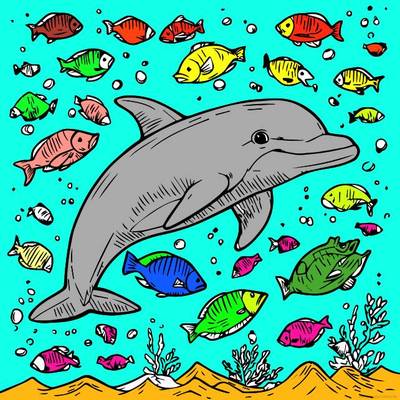 Version coloriée : Dauphin et poissons sous l’eau