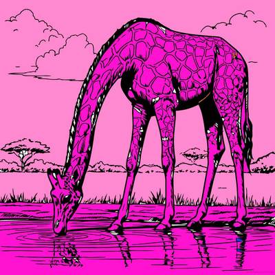 Ausgemalte Version: Giraffe an einer Wasserquelle