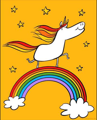 Ausgemalte Version: Einhorn auf Regenbogen mit Sternen