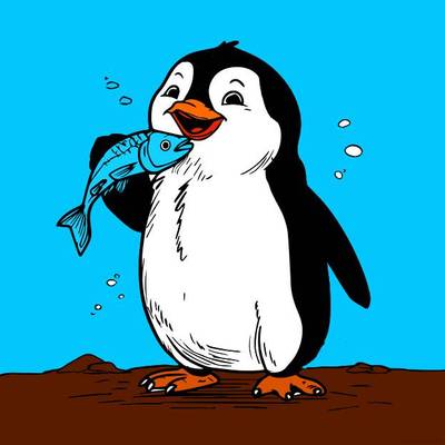 Colored version: Cheerful penguin with fish
