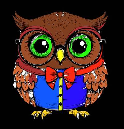 Ausgemalte Version: Cartoon-Eule mit Brille und Fliege