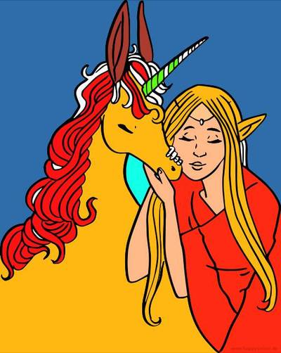 Ingekleurde versie: Elf met een eenhoorn