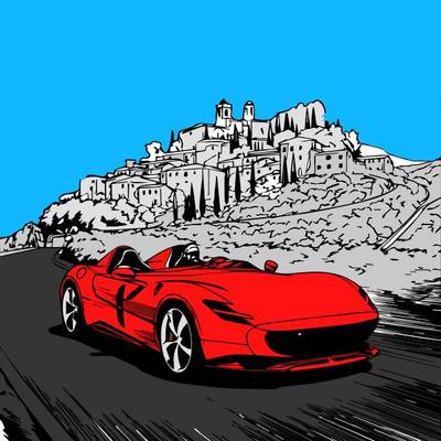 Färglagd version: Sportbil på en naturskön tur