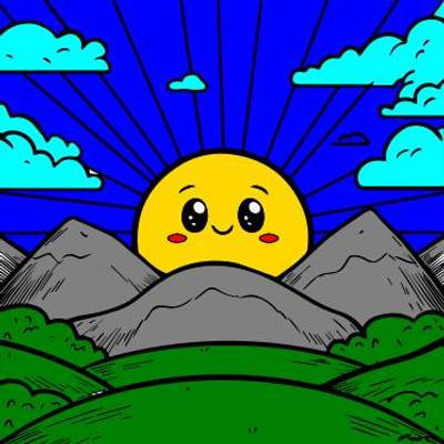 Ausgemalte Version: Sonnenaufgang über Bergen