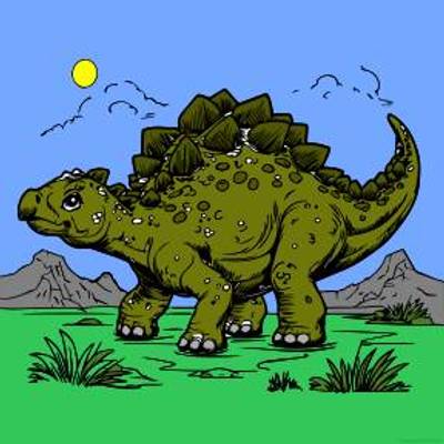 Farvelagt version: Stegosaurus i et naturlandskab