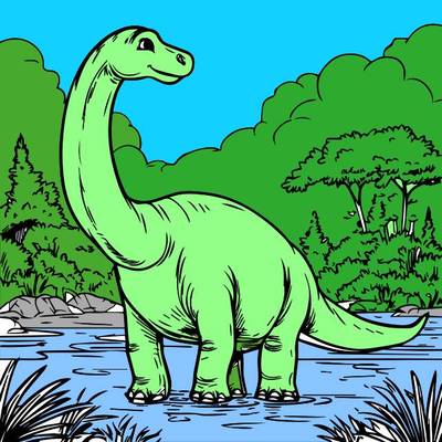 Versione colorata: Cartoon Brachiosauro in un fiume