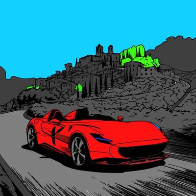 Fargelagt versjon: Sportsbil på en naturskjønn kjøretur