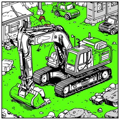 Ausgemalte Version: Bagger auf einer Baustelle