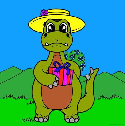 Fargelagt versjon: Dino med gave og blomster