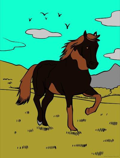 Ausgemalte Version: Schecke mit Vögeln