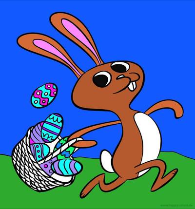 Ausgemalte Version: Osterhase mit Korb und Eiern