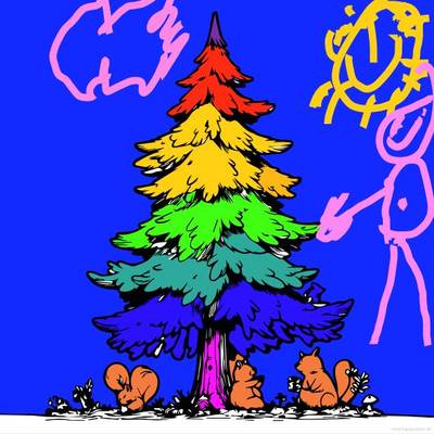 Väritetty versio: Puu leikkisillä eläimillä