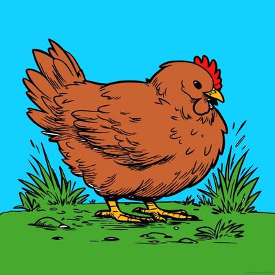 Färglagd version: Kyckling står på gräs