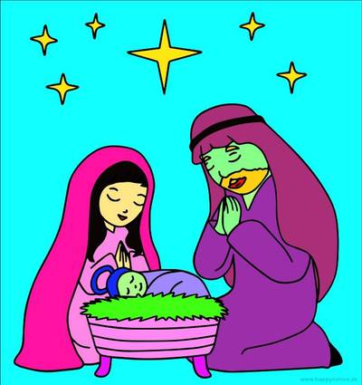 Colored version: Nativity scene with Mary, Joseph, baby and stars