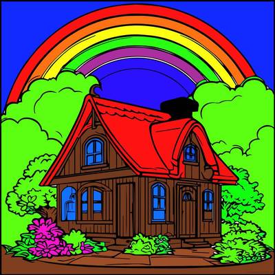 Ausgemalte Version: Haus unter einem Regenbogen