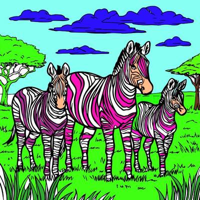 Versão colorida: Família de zebras na savana