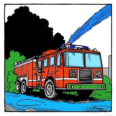 Ausgemalte Version: Feuerwehrauto spritzt mit Wasser
