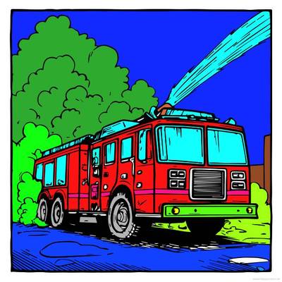 Ausgemalte Version: Feuerwehrauto spritzt mit Wasser