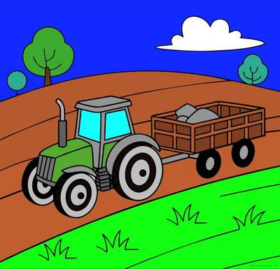 Ausgemalte Version: Traktor mit Anhänger auf einem Feldweg