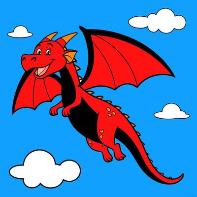 Ingekleurde versie: Vliegende draak met wolken