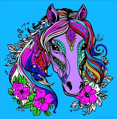 Ausgemalte Version: Pferdekopf mit Blumen