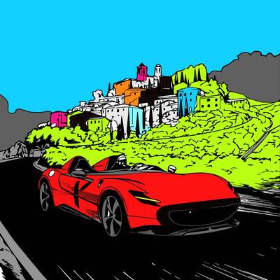 Väritetty versio: Urheiluauto maisemallisella ajomatkalla