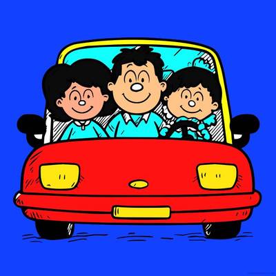 Fargelagt versjon: Glad familie i bilen