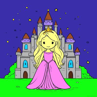 Ausgemalte Version: Prinzessin und Schloss Szene