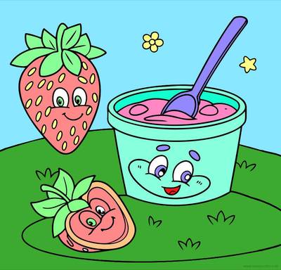 Ingekleurde versie: Aardbeienyoghurtbeker en aardbeien