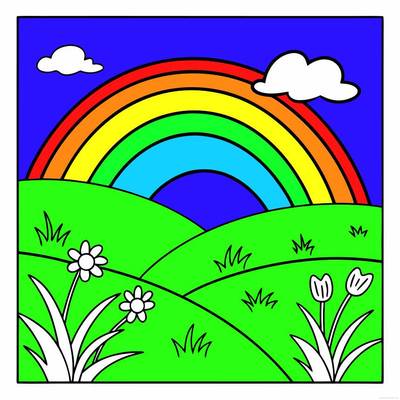 Ausgemalte Version: Regenbogen über Hügeln und Blumen