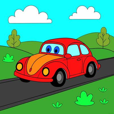 Ausgemalte Version: Cartoon-Auto auf einer Landstraße