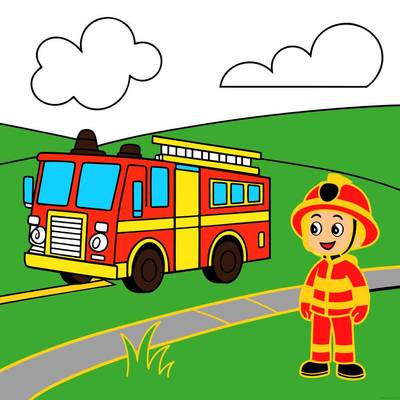 Ausgemalte Version: Ausmalbild mit Feuerwehrauto und Feuerwehrmann