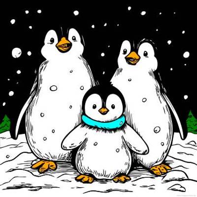 Wersja pokolorowana: Rodzina pingwinów w śniegu