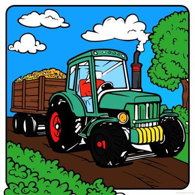 Ausgemalte Version: Traktor auf einer Landstraße