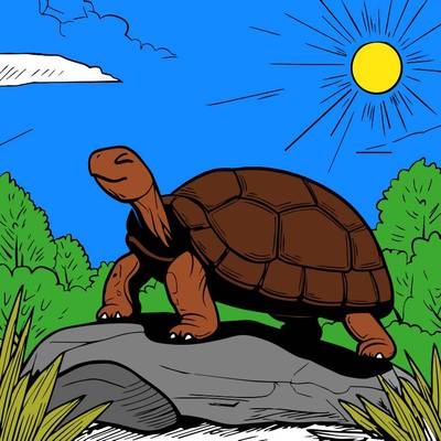 Ausgemalte Version: Fröhliche Schildkröte auf einem Felsen